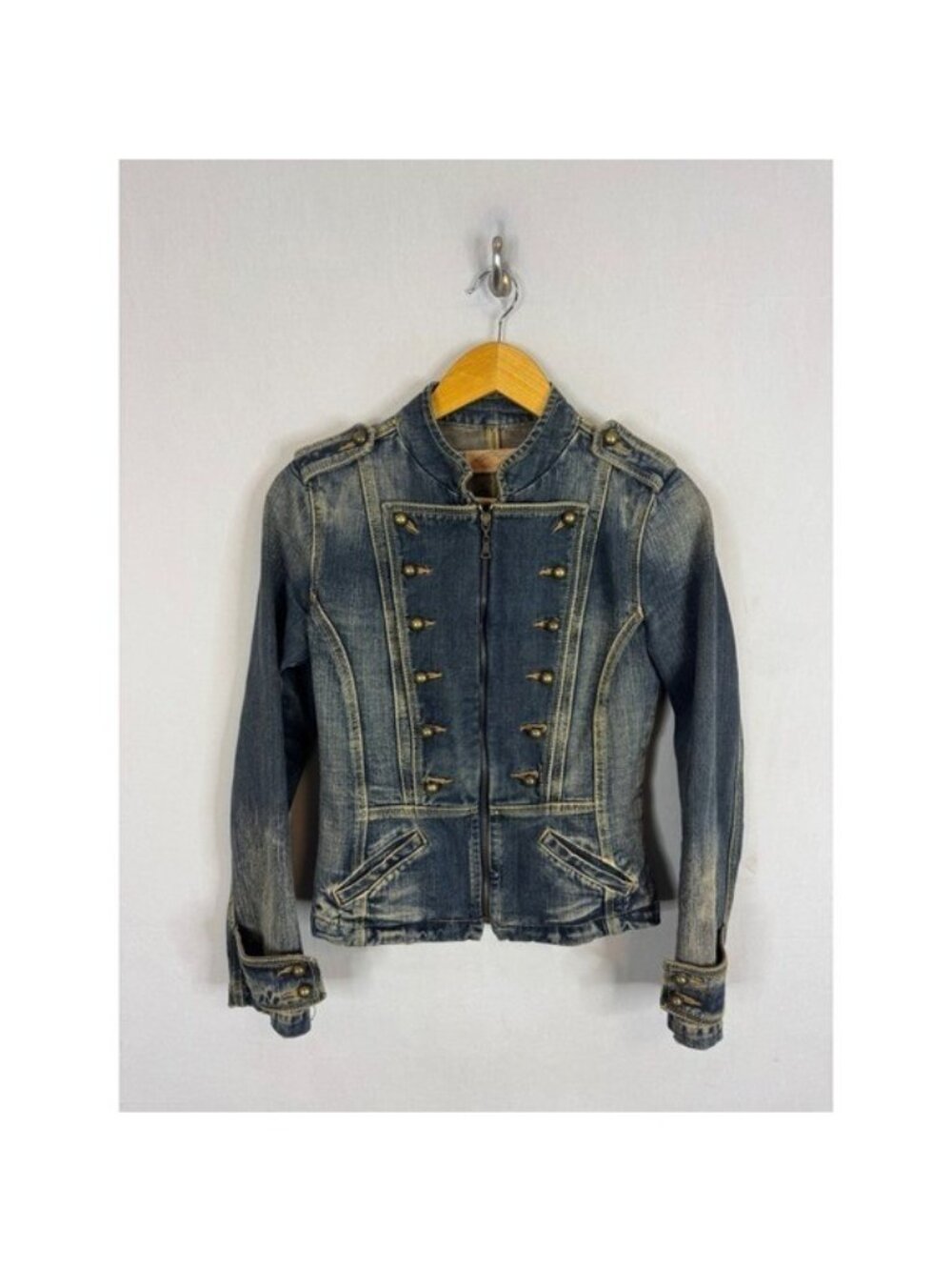 Ferrache Jeans Military Denim Jacket Medium Wash Brass Button Epaulette Size S/M